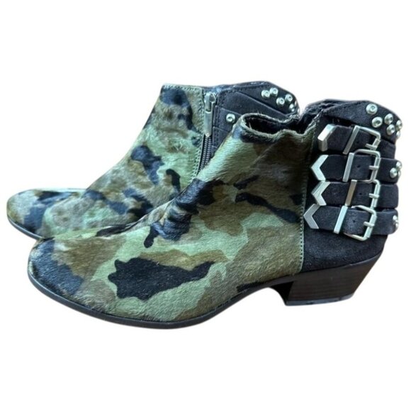 Sam Edelman Penrose Camo Calf Hair & Leather Buckle Embellished Booties Boots 8 - Picture 1 of 7